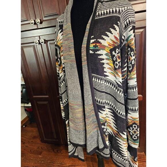 Ruff Hewn Cardigan Womens 1X Black White Aztec Open Front Waterfall Hem - Picture 1 of 8